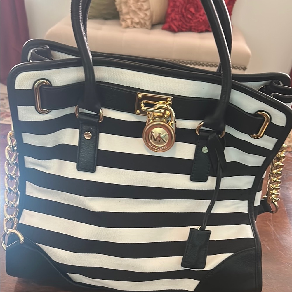 Michael Kors Hamilton Black and White Striped Tote with Gold Accents